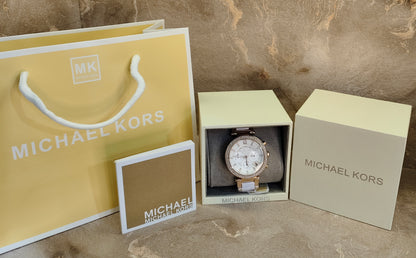 MK Parker White Dial Gold Tone SS Quartz Chrono Ladies Watch