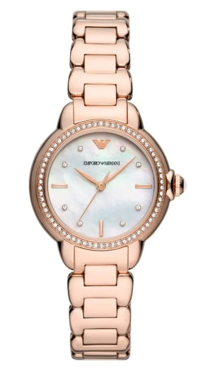 E A Stainless Steel Analog White Dial Women Watch, Rose Gold Band