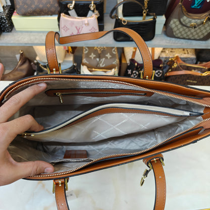 MK99 3 Partition Tote Bag - White Tan Colour