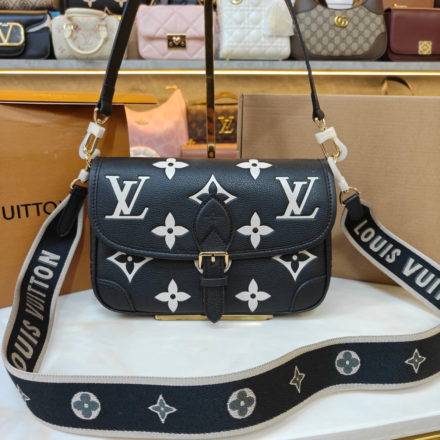 LV Diane Sling/Shoulder Bag - Ultra Premium Double Box (Black Floral)