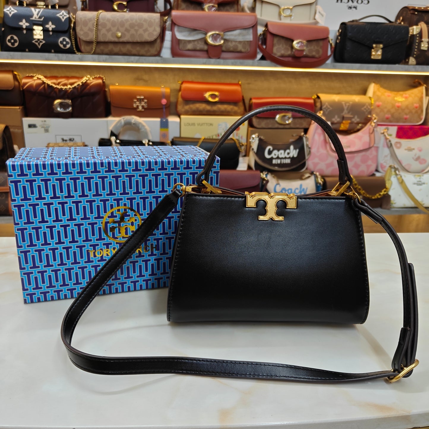 TB44 - Structured Black Mini Top-Handle Bag with Gold Hardware (Medium Size)