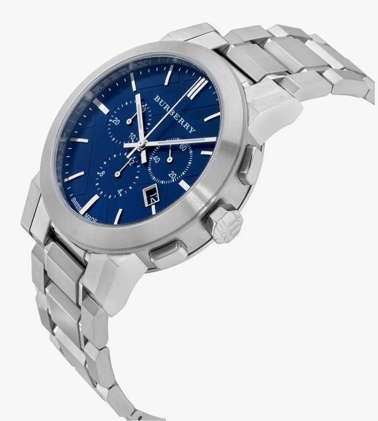 Brbry Swiss Silver Blue Date Dial 42mm Men Chronograph Stainless Steel