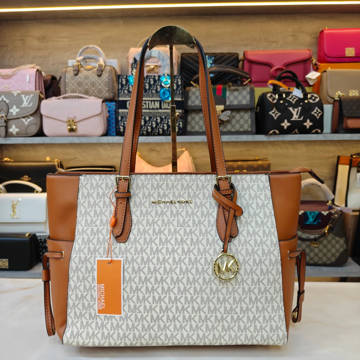 MK99 3 Partition Tote Bag - White Tan Colour