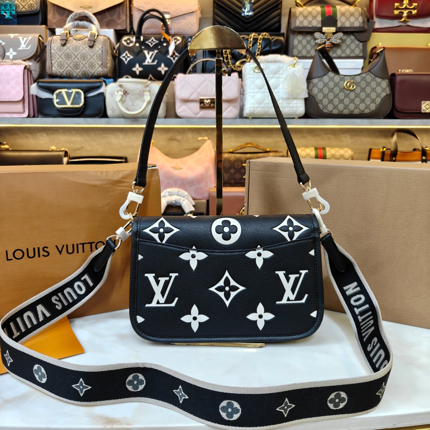LV Diane Sling/Shoulder Bag - Ultra Premium Double Box (Black Floral)