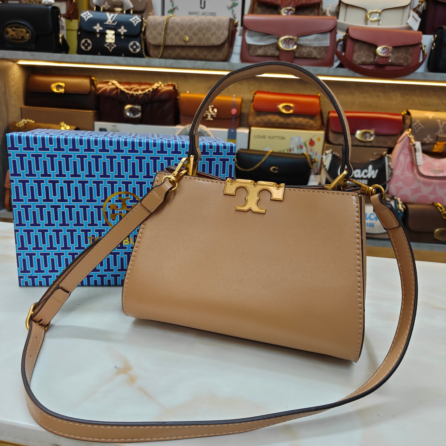 TB44 - Structured (Beige Colour) Top-Handle Bag with Gold Hardware (Medium Size)