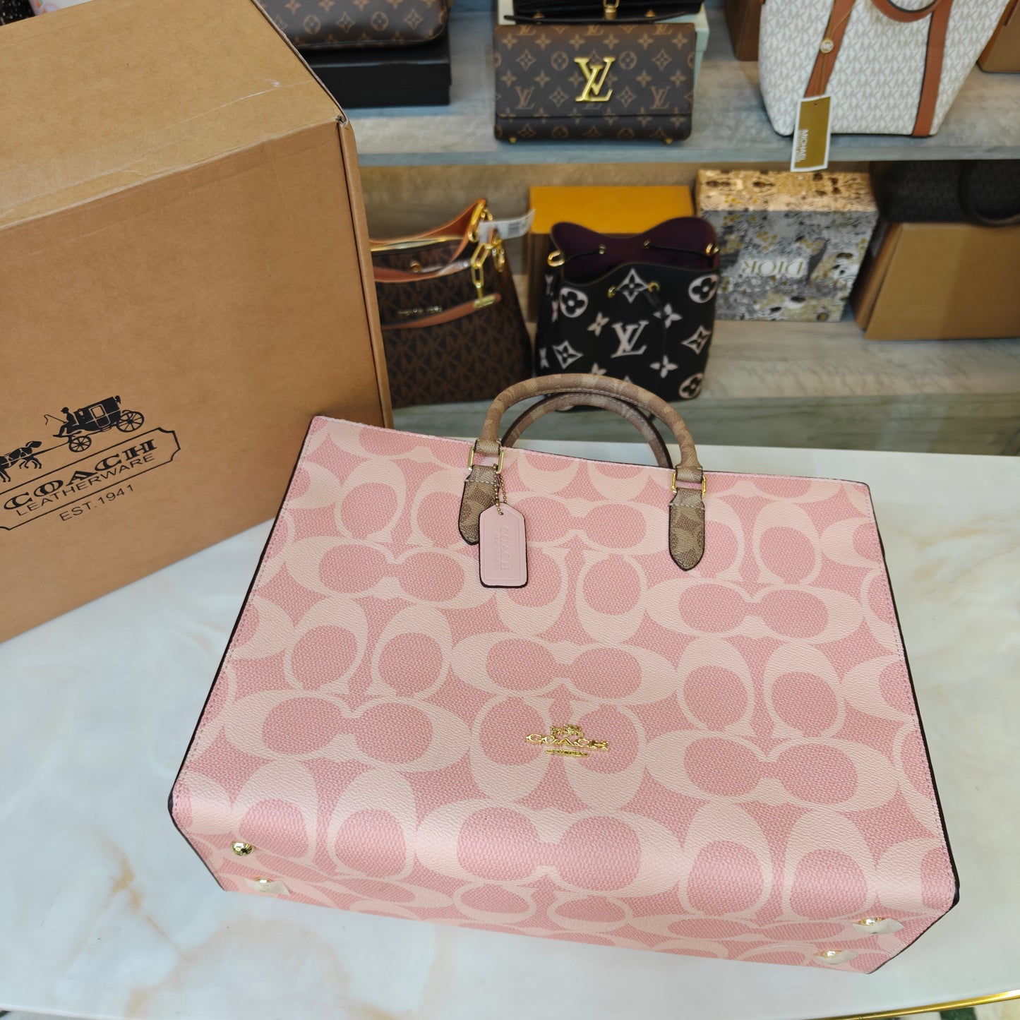 CH Maggie Tote Bag Ultra Premium with Box (Pink with Brown Handle)