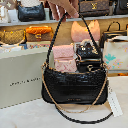 CNK Elspeth Croc-Effect Chain-Link Shoulder Bag - Black Croco