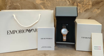 E A Stainless Steel Analog White Dial Women Watch, Rose Gold Band