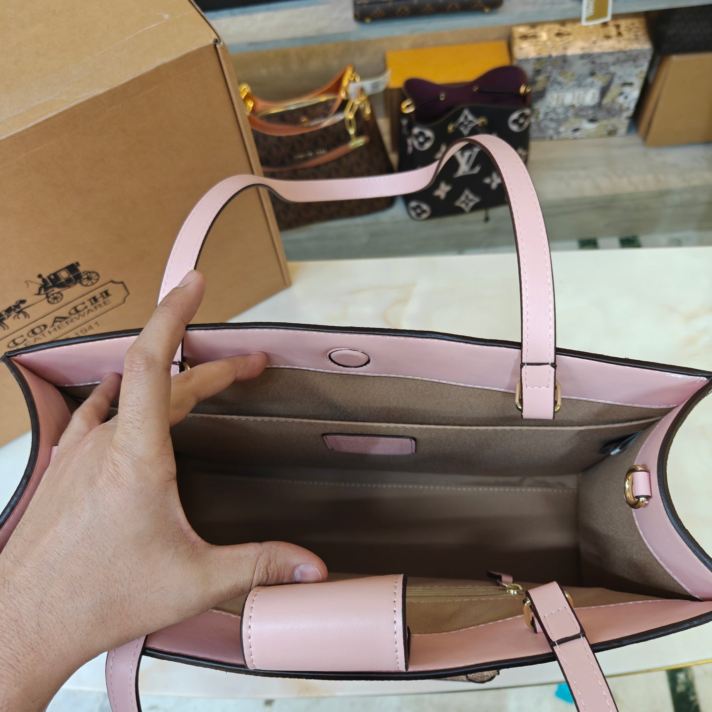 CH Maggie Tote Bag Ultra Premium with Box (Pink with Brown Handle)