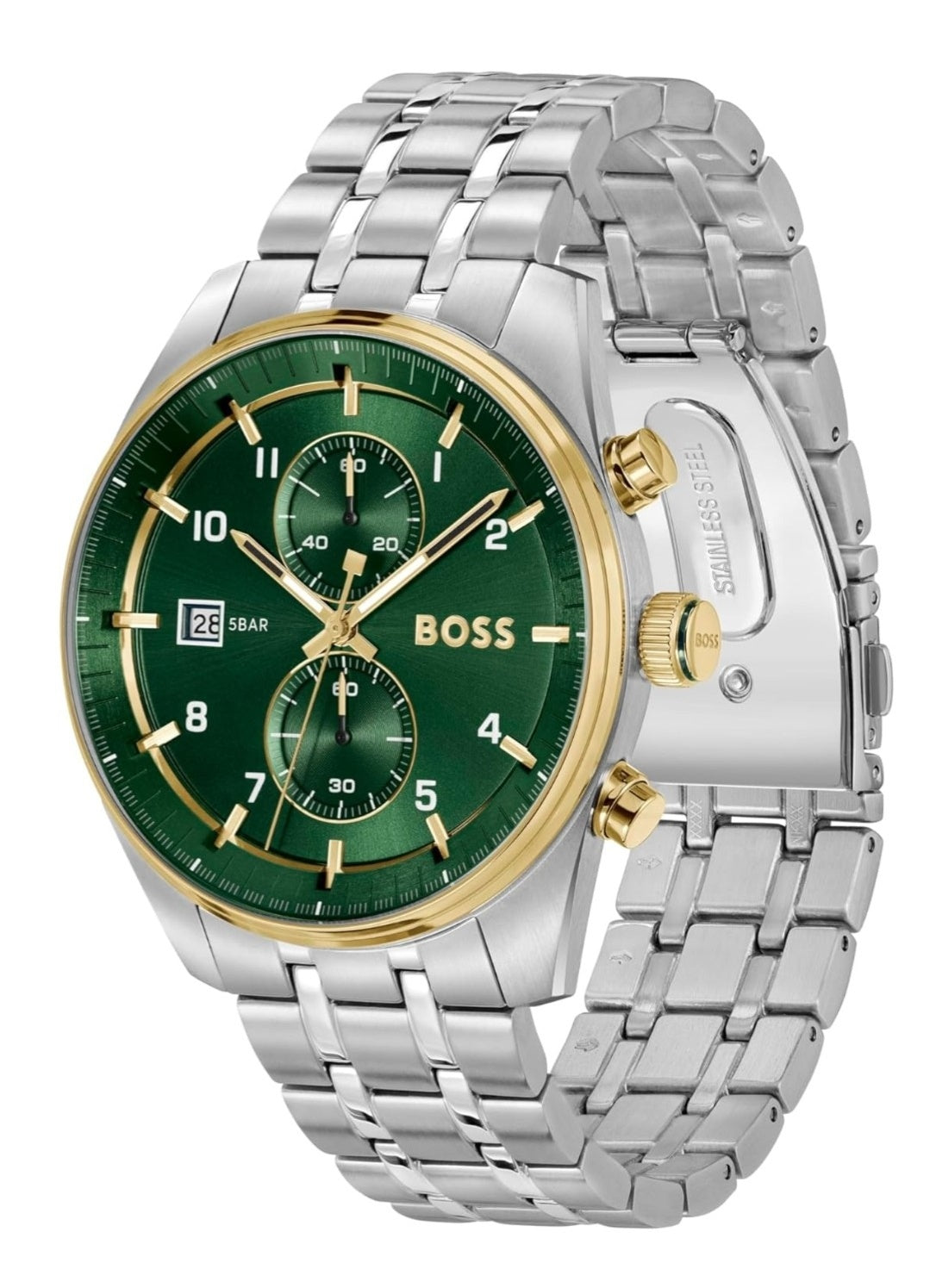 B.S Skytraveller Qtz Analog Fashion Chrono Green Round Dial Men's Watch|Stainless Steel Material|Silver Color Band