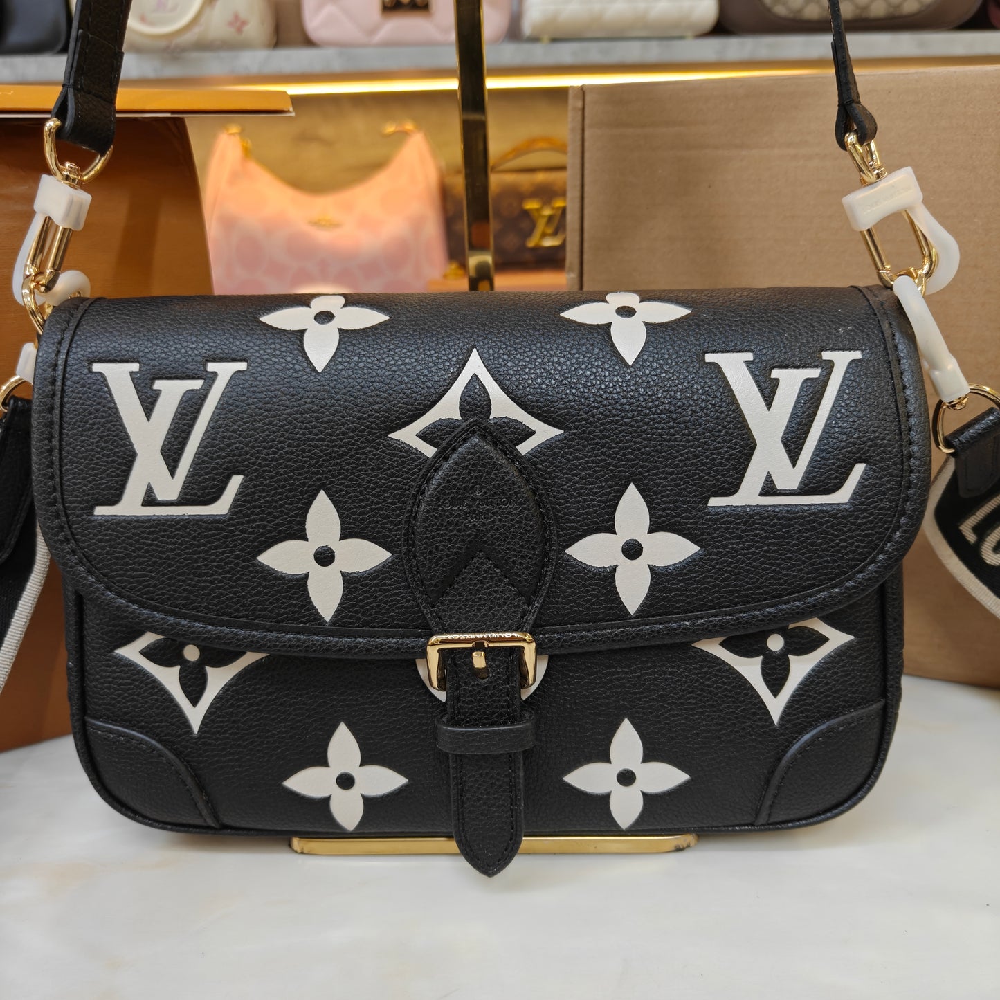LV Diane Sling/Shoulder Bag - Ultra Premium Double Box (Black Floral)