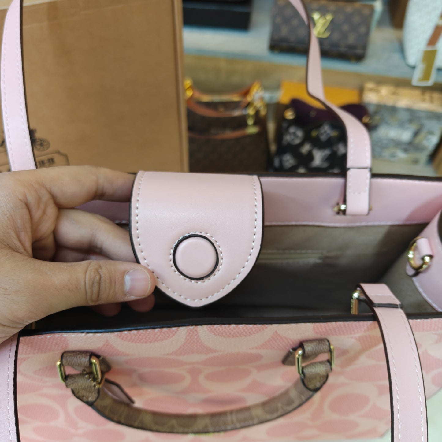 CH Maggie Tote Bag Ultra Premium with Box (Pink with Brown Handle)