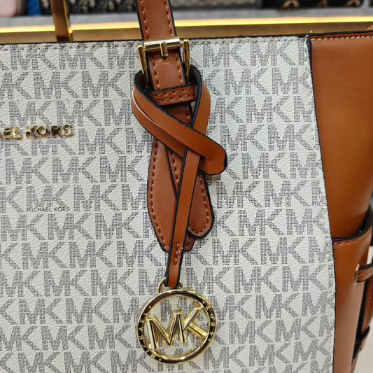 MK99 3 Partition Tote Bag - White Tan Colour