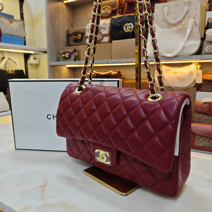 CHNL1 - Elegant Quilted Flap Bag – Wine with Gold-Tone Chain