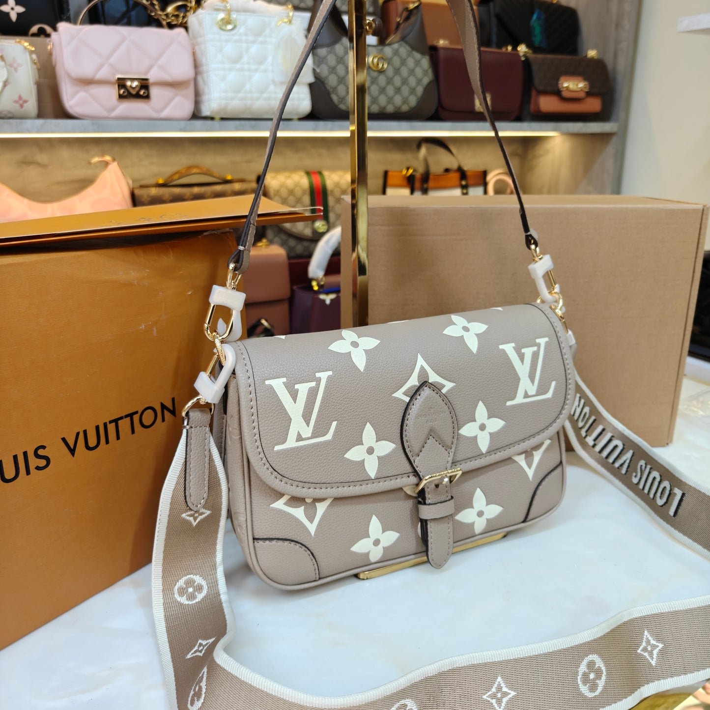 LV Diane Sling/Shoulder Bag -Ultra Premium Double Box (Beige)