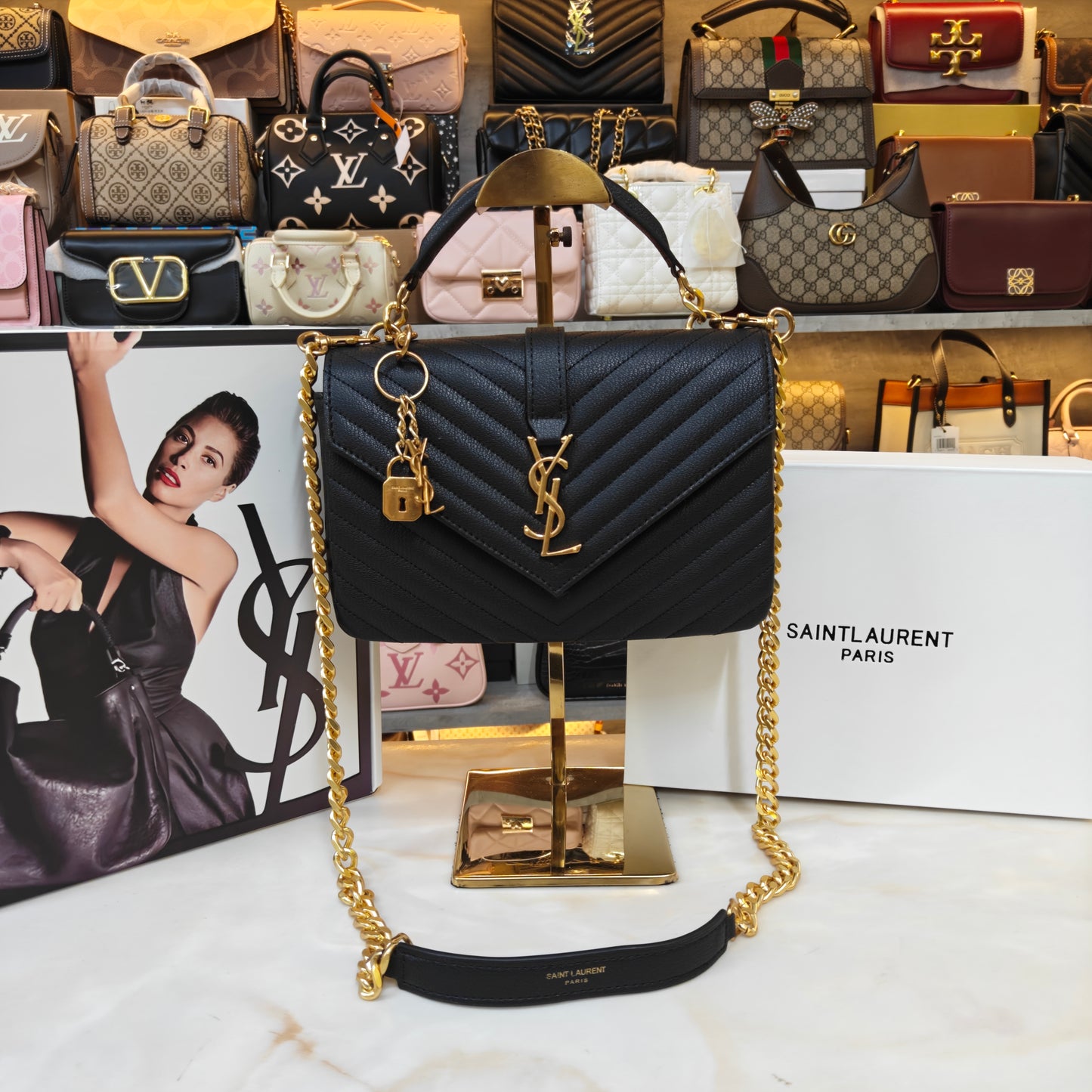 YSL College Medium Matelassé V-Flap Crossbody Bag - Black (Ultra Premium Double Box)