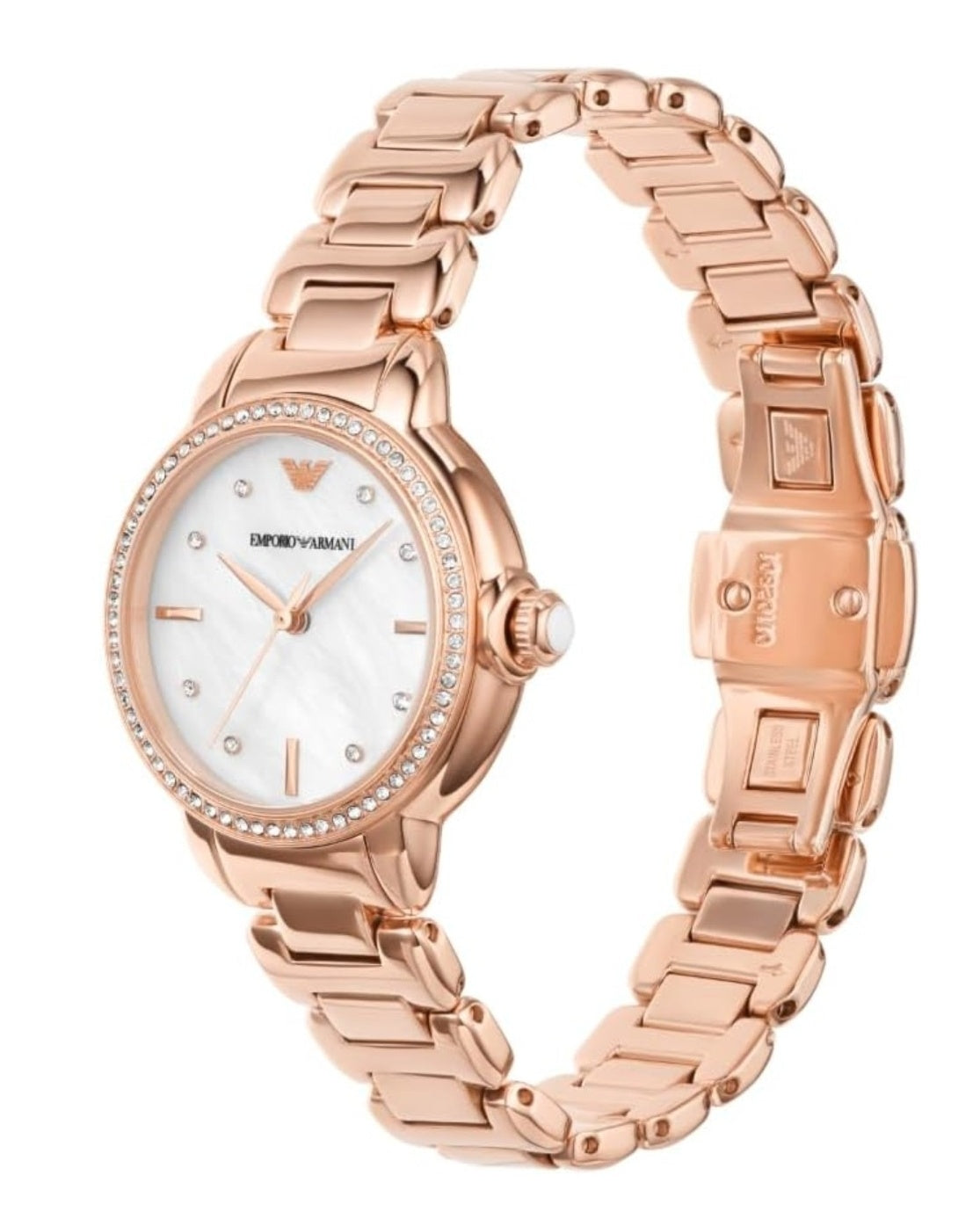 E A Stainless Steel Analog White Dial Women Watch, Rose Gold Band