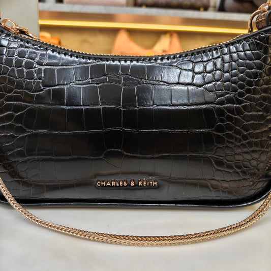 CNK Elspeth Croc-Effect Chain-Link Shoulder Bag - Black Croco