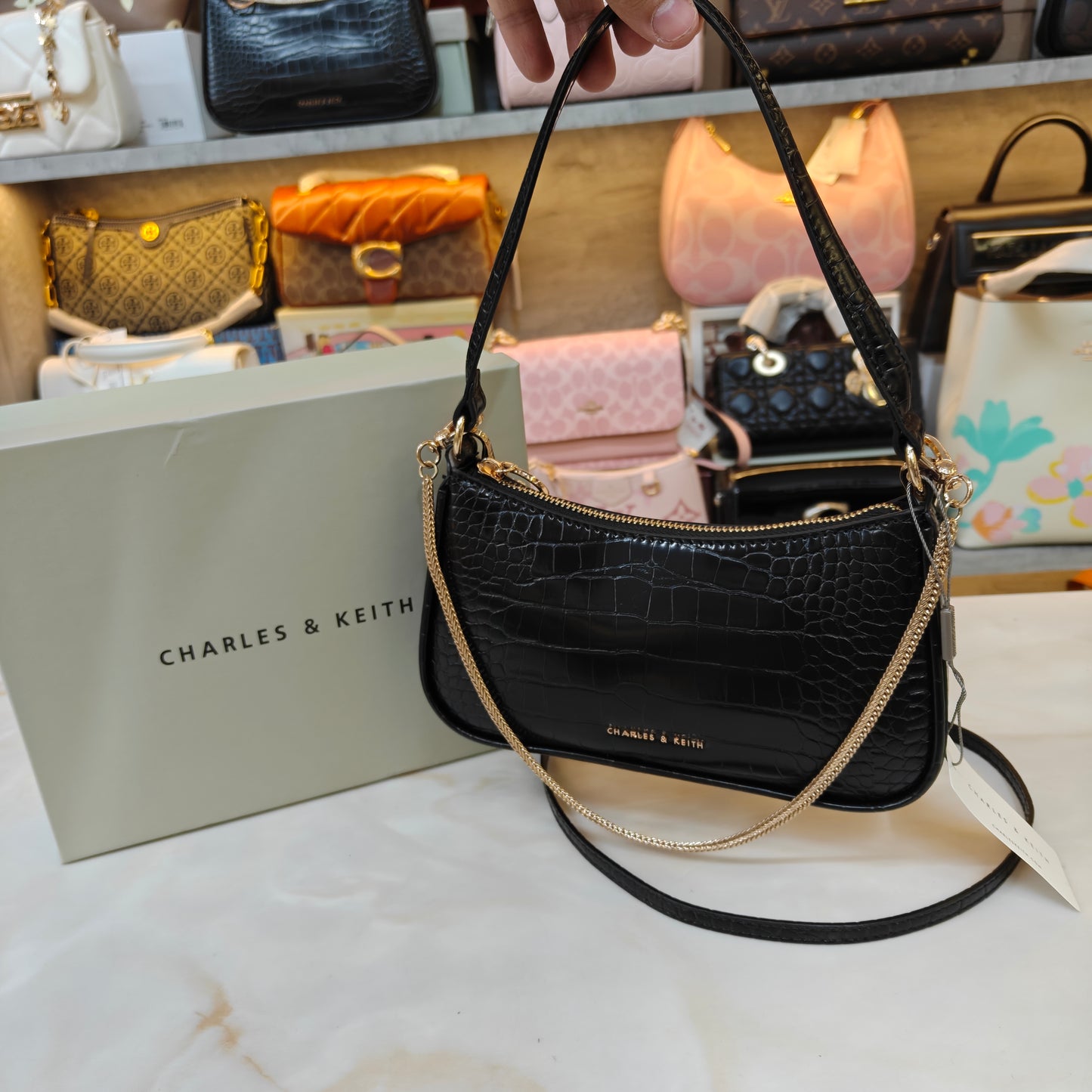 CNK Elspeth Croc-Effect Chain-Link Shoulder Bag - Black Croco